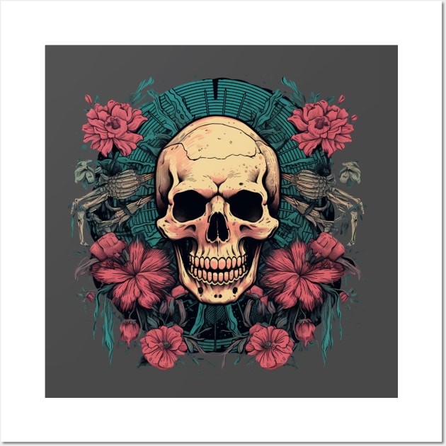 Skull with Tropical Flowers and Tribal Patterns Wall Art by TOKEBI